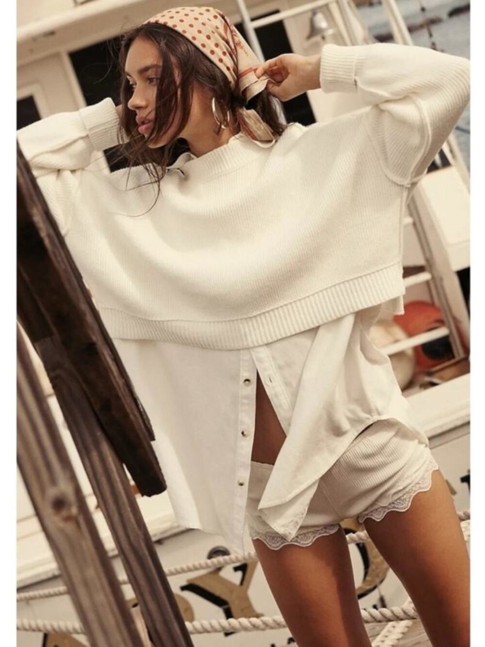 Free People Easy Street Crop Pullover Sweater in White Size Medium Preppy Fall